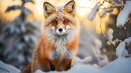 An orange fox looks excited in winter - obrazy, fototapety, plakaty