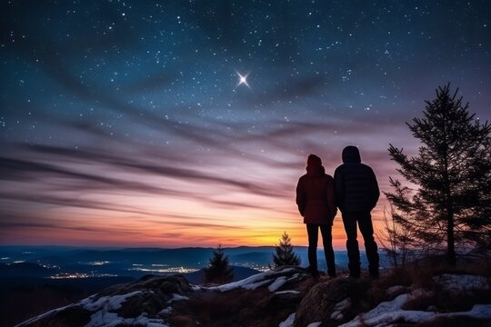 Two hikers in silhouette standing on a hill looking at the bright starry evening sky. Lovely evening night sky landscape image. Generative AI. 
