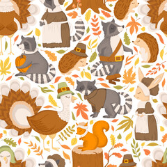 Vector seamless pattern with cute cartoon raccoons, turkeys, squirrels, rabbits, hedgehogs, autumn leaves isolated on white background. Thanksgiving illustration for card, print, poster
