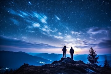 Obraz premium Two hikers in silhouette standing on a hill looking at the bright starry evening sky. Lovely evening night sky landscape image. Generative AI. 