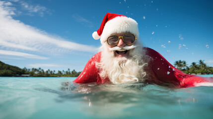 Santa Claus is bathing and enjoying tropical lagoon water with white sand beach and coconut trees
