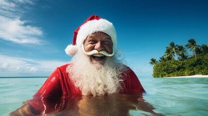 Santa Claus is bathing and enjoying tropical lagoon water with white sand beach and coconut trees