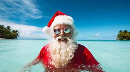 Santa Claus is bathing and enjoying tropical lagoon water with white sand beach and coconut trees - obrazy, fototapety, plakaty