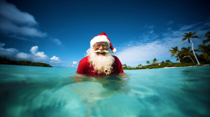 Santa Claus is bathing and enjoying tropical lagoon water with white sand beach and coconut trees, large shot