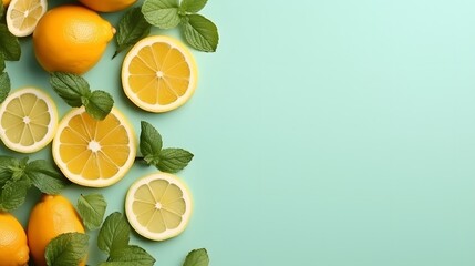 Citrus slices and mint herbs frame on retro mint pastel background with copy space from above. Top view of lemon and orange refreshment. Summer fruit smoothie minimal banner design. - obrazy, fototapety, plakaty
