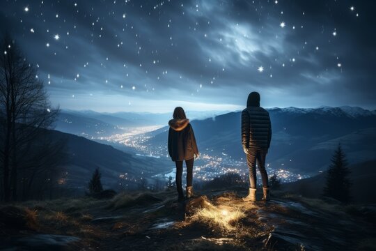 Two hikers in silhouette standing on a hill looking at the bright starry evening sky. Lovely evening night sky landscape image. Generative AI. 
