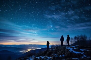 Three hikers in silhouette standing on a hill looking at the bright starry evening sky. Lovely evening night sky landscape image. Generative AI. 
