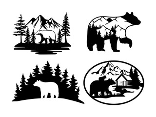 Set of bear mountain logo template. Bear and mountain silhouette files for cricut