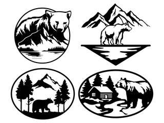 Set of bear mountain logo template. Bear and mountain silhouette files for cricut