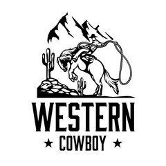 Western cowboy logo design template. Hand-drawn western silhouette vector illustration