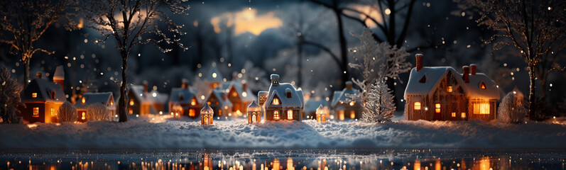 Naklejka premium Miniature Holiday Christmas Decorated Town and Snowy Village Scene Banner. Generative AI.
