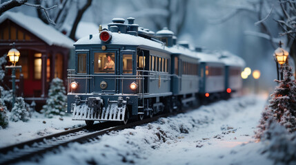 Model Miniature Troller Train Set and Snowy Christmas Decorated Town Setting. Generative AI. - obrazy, fototapety, plakaty