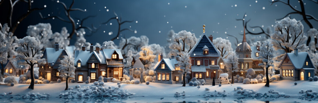 Miniature Holiday Christmas Decorated Town and Snowy Village Scene Banner. Generative AI.