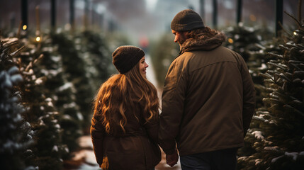 Fototapeta premium Young Romantic Couple Walking to Choose A Christmas Tree at the Farm. Generative AI.