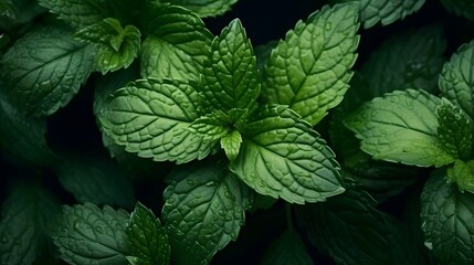 Green mint leaves pattern layout design. Ecology natural creative concept. Top view nature background with spearmint herbs.
