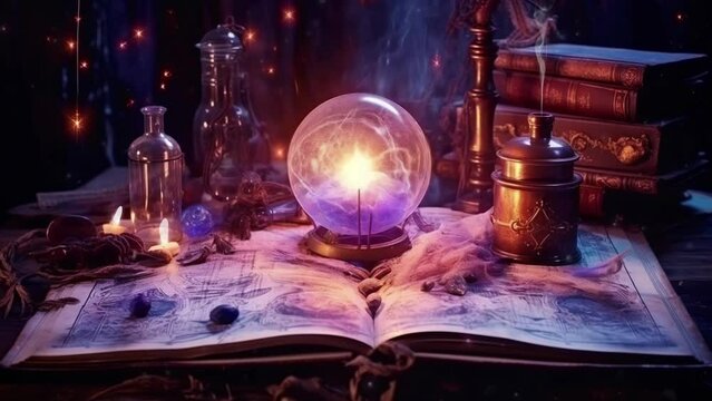 A Magical Alchemist, Wizard, or Witch Desk / Table / Room with Book of Spells, Cobwebs, Flickering Candles, Magic Orb, Crystal Ball. Animated Looping Background. Vtuber Backdrop. Seamless Loop.
