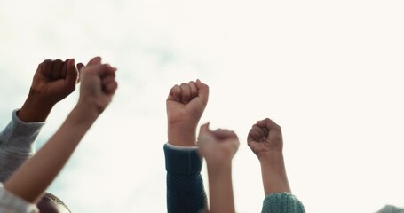 Hands, diversity and sky with protest with people, agreement and teamwork, vote and equality. Human rights, social justice and fist pump with solidarity, politics and freedom of corruption with law
