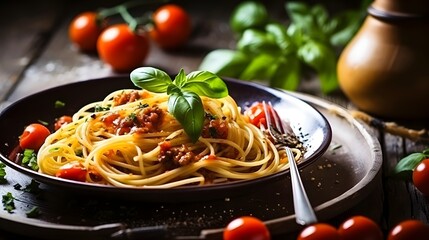 Italian spaghetti on rustic wooden table. Mediterranean cuisine with pasta ingredients- bolognese sauce, olive oil, basil and tomato. - Powered by Adobe