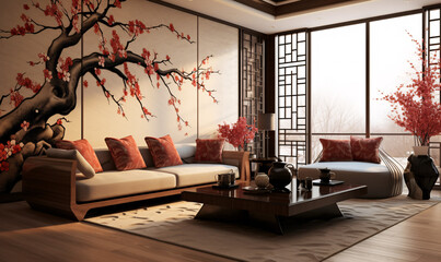 Asian style interior design for a modern living room featuring an elegant sofa, wall, table, and beautiful decoration