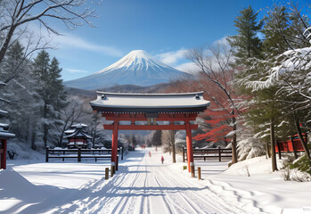 snowy japan shrine gate in winter ai generated - obrazy, fototapety, plakaty