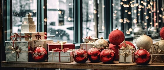 holiday shopping display with christmas gift and ornament