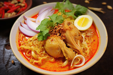 A steaming bowl of khao soi, a northern Thai curry noodle soup with a boiled chicken-drum