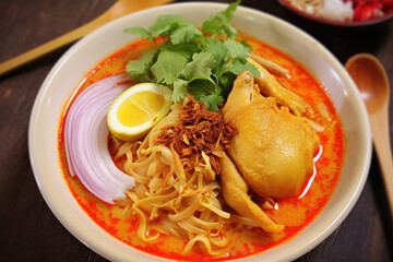 A steaming bowl of khao soi, a northern Thai curry noodle soup with a boiled chicken-drum