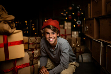 a boy in a red hat and a grey sweater sitting in front of a pile of Christmas gifts