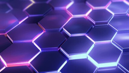 4K animated video. Hexagonal geometric pattern. Neon pink, blue, purple, lilac lights. Template for screensavers of social networks, news. Space for text. Concept of cyberbank, cryptocurrency. Ai