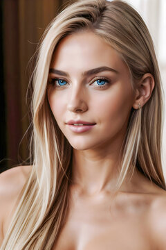 Closeup portrait of a blonde young woman with beautiful natural makeup and long hair, with bare shoulders, healthy skin, cosmetics, Concept of skin care and beauty.