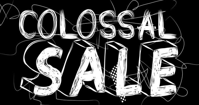Colossal Sale word animation of old chaotic film strip with grunge effect. Busy destroyed TV, video surface, vintage screen white scratches, cuts, dust and smudges.