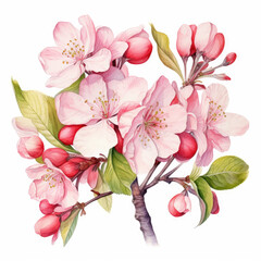 Watercolor illustration of pink blossoms on an apple tree illustration