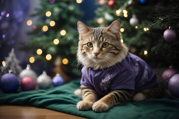 cute cat sitting under a Christmas tree, wearing a dark purple Christmas t-shirt with trees on a christmas background