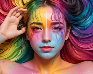 Naklejka premium portrait of a woman with carnival mask (LGBT, Pride, queer, rainbow colors, body painting, orgullo lgbt)