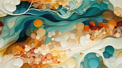 seamless repeatable pattern of fluid and bubbles in blue and orange colors that can be repeated to create an endless pattern. generative AI