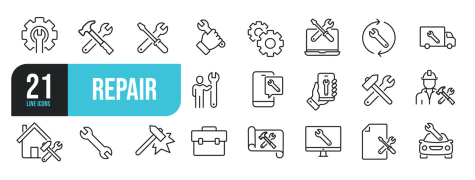 Set of line icons related to repair, screwdriver, engineer, support, setup. Outline icons collection. Editable stroke. Vector illustration.