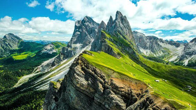 Steep rocky mountains on a sunny, time lapse, Seceda, Dolomites, Italy, 4K