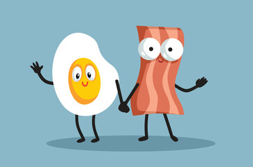 Happy Cheerful Egg and Ham Characters being Friends Vector Cartoon. Funny breakfast appetizing foods feeling joyful and friendly 
