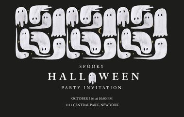 halloween invitation, watercolour ghost, ghosts, watercolor pattern, party card, set, illustration
