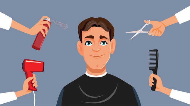 Man in a Barbershop Receiving a Haircut Vector Cartoon illustration. Dapper guy having his hair cut by professionals 
