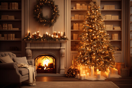 Christmas tree and fireplace with burning candles in cozy living room at home. Winter evening. Generative ai