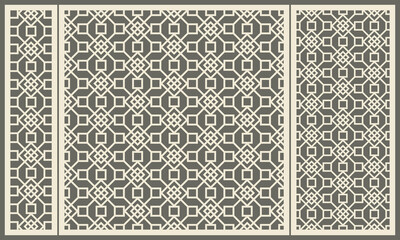 Pattern is abstract lines creating a square shape at an angle of a rhombus. Template for cutting plywood, wood, paper, cardboard and metal.