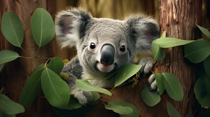 An adorable koala nestled among the eucalyptus leaves, with textured branches in the background, providing room for text integration. AI generated - obrazy, fototapety, plakaty