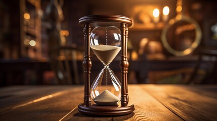 An antique hourglass resting on a vintage wooden surface, highlighting its classic design and timeless appeal. AI generated - obrazy, fototapety, plakaty