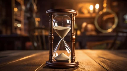 Foto op Canvas An antique hourglass resting on a vintage wooden surface, highlighting its classic design and timeless appeal. AI generated © Hifzhan Graphics