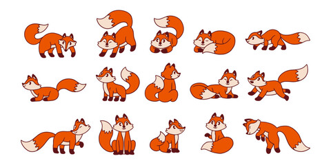 Obraz premium Set of Collection Cartoon Red Foxes Element Vector