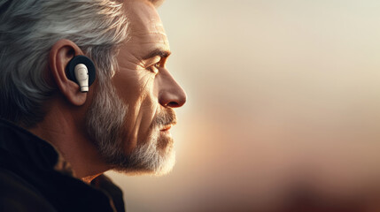 A person with a hearing impairment wearing sleek and discreet hearing aids,  enhancing their ability to communicate and hear the world around them