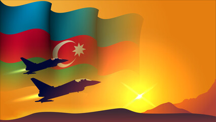 fighter jet plane with azerbaijan waving flag background design with sunset view suitable for national azerbaijan air forces day event