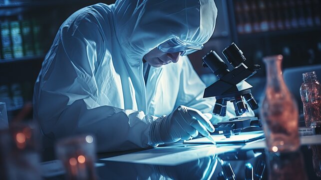A close-up of a male forensic expert, scientist, researcher, or biologist working in a lab examining or swabbing something