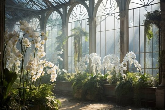 Beautiful orchid greenhouse with lush green foliage and exotic blooms. A stunning indoor botanical garden